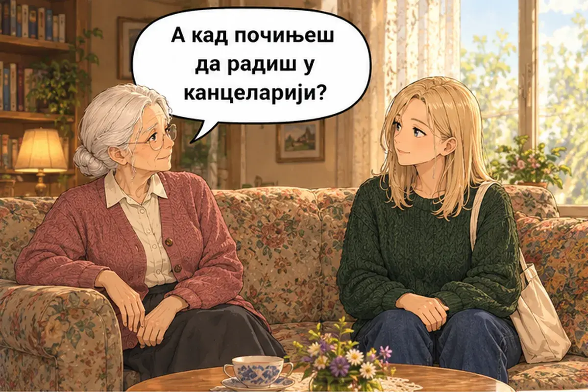 Кадр 5 из 15 к тексту «Я получила работу!»: «А когда ты начинаешь работать в офисе?»