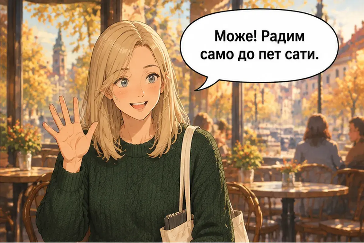 Кадр 10 из 14 к тексту «Когда ты начинаешь работать?»: «Можно! Я работаю только до пяти часов.»