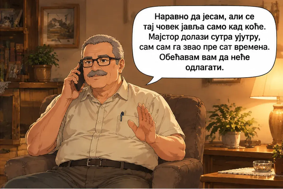 Кадр 6 из 13 к тексту «Я звонила вам и вчера»: «Конечно, звонил, но этот человек отвечает только когда захочет. Мастер придёт завтра утром, я сам ему звонил час назад. Обещаю вам, что откладывать не будет.»