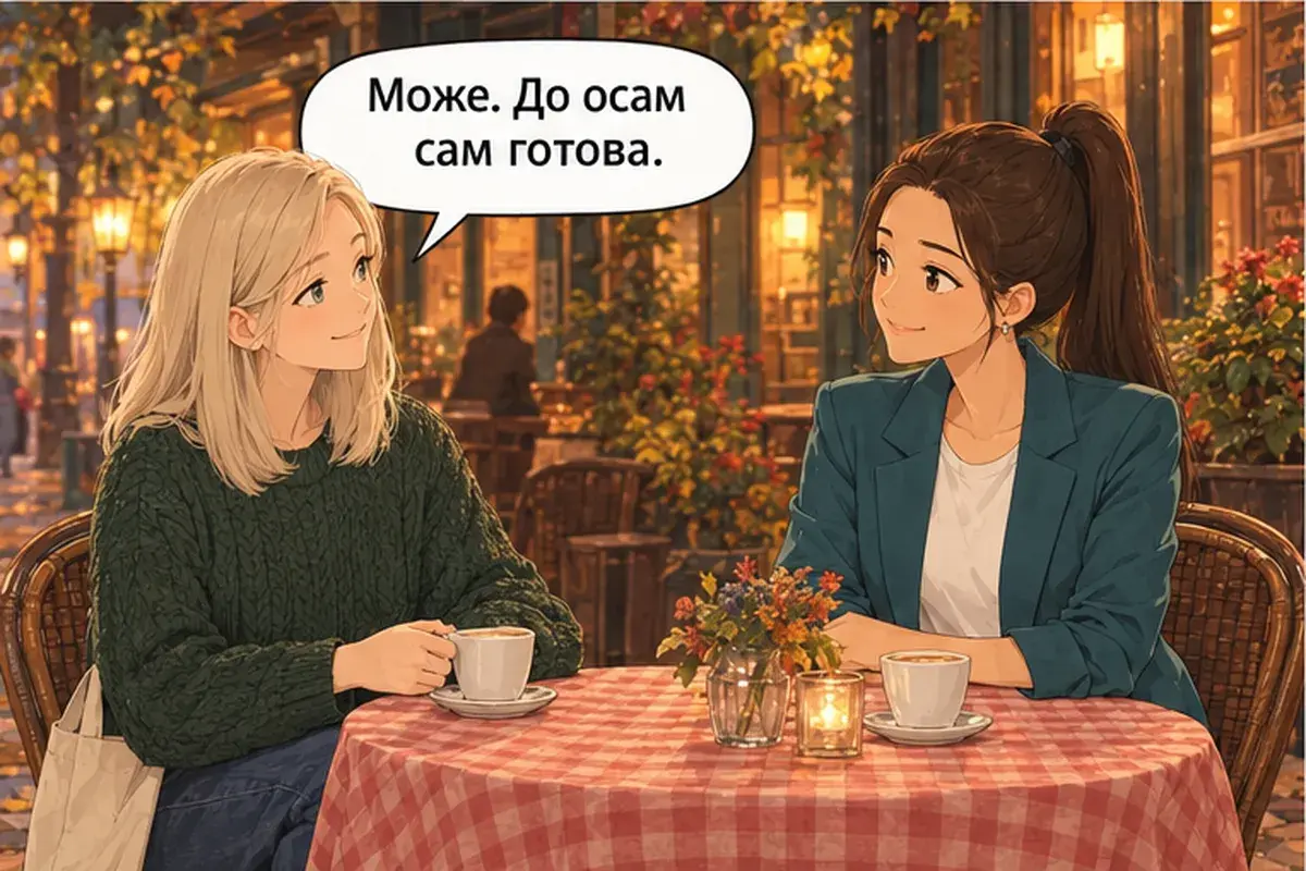 Кадр 7 из 12 к тексту «Хочешь пойти сегодня вечером в кафану?»: «Можно. К восьми я закончу.»
