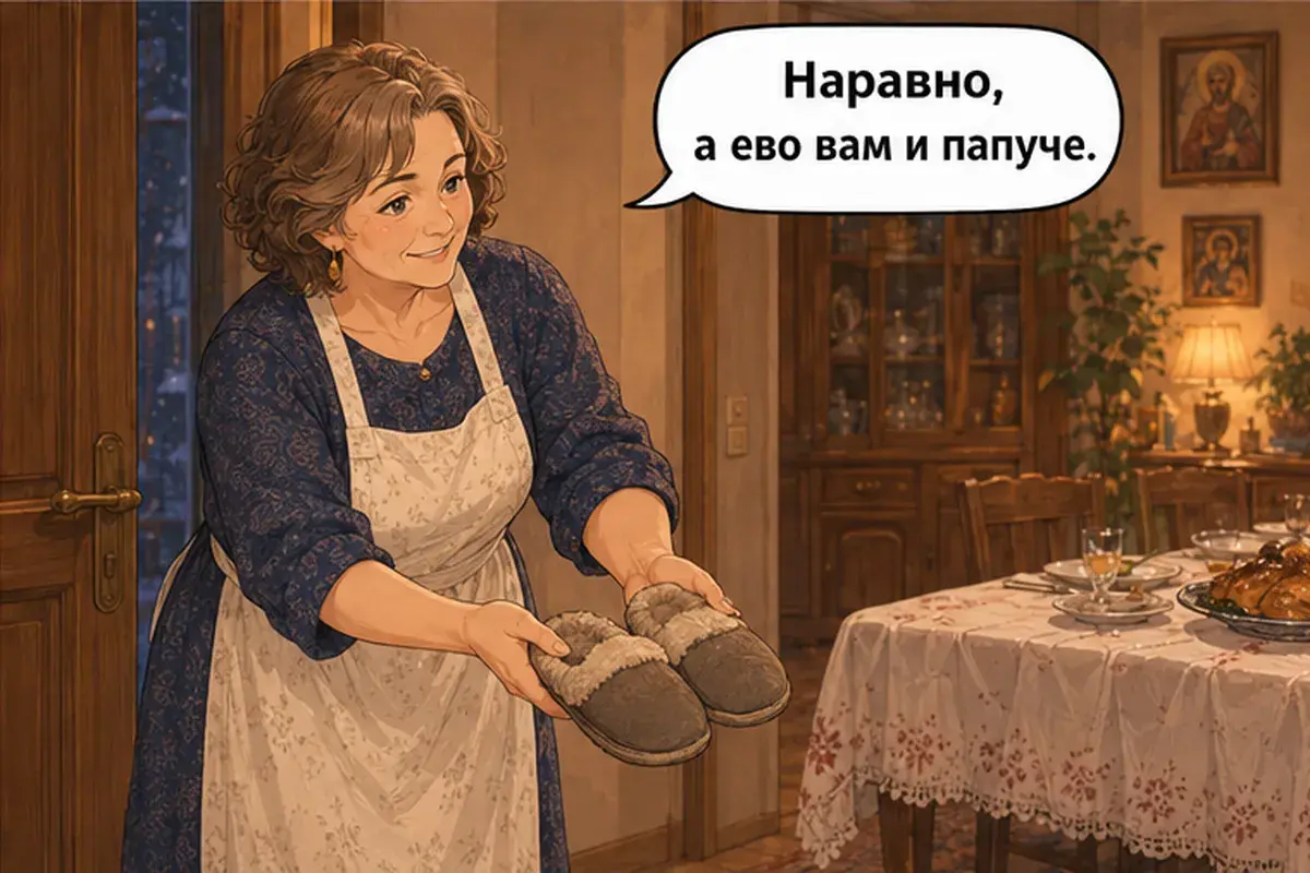 Кадр 4 из 15 к тексту «С праздником славы, хозяин!»: «Конечно, а вот вам и тапочки.»