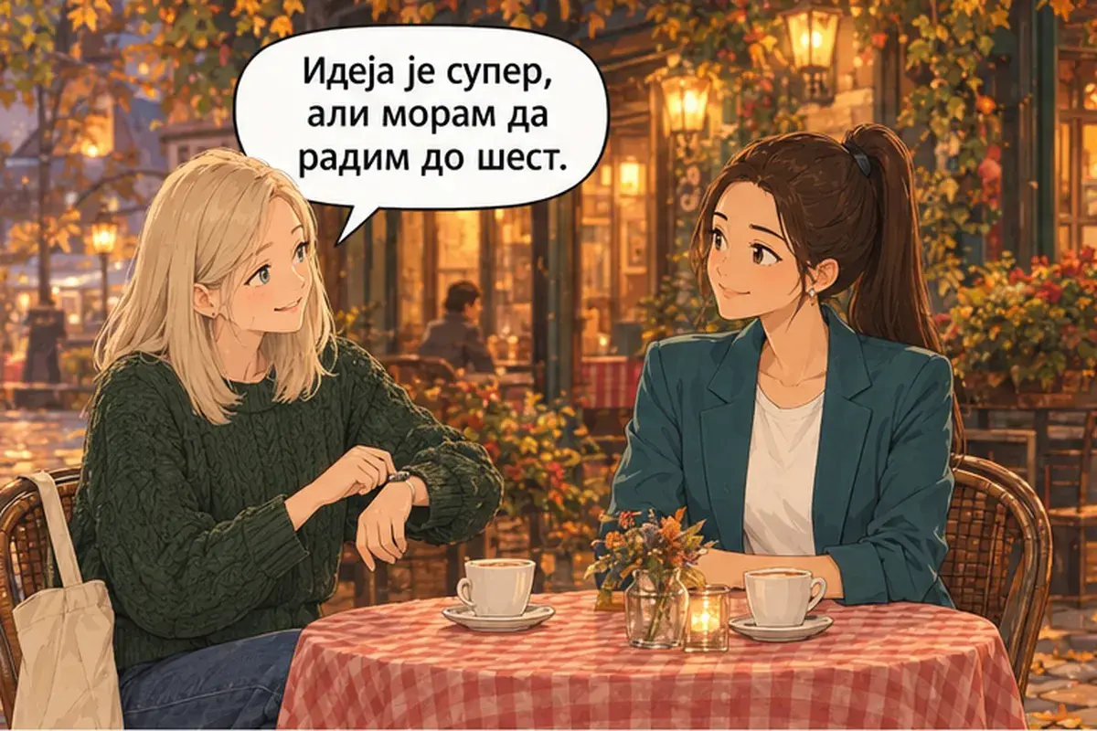 Кадр 5 из 12 к тексту «Хочешь пойти сегодня вечером в кафану?»: «Идея супер, но я должна работать до шести.»