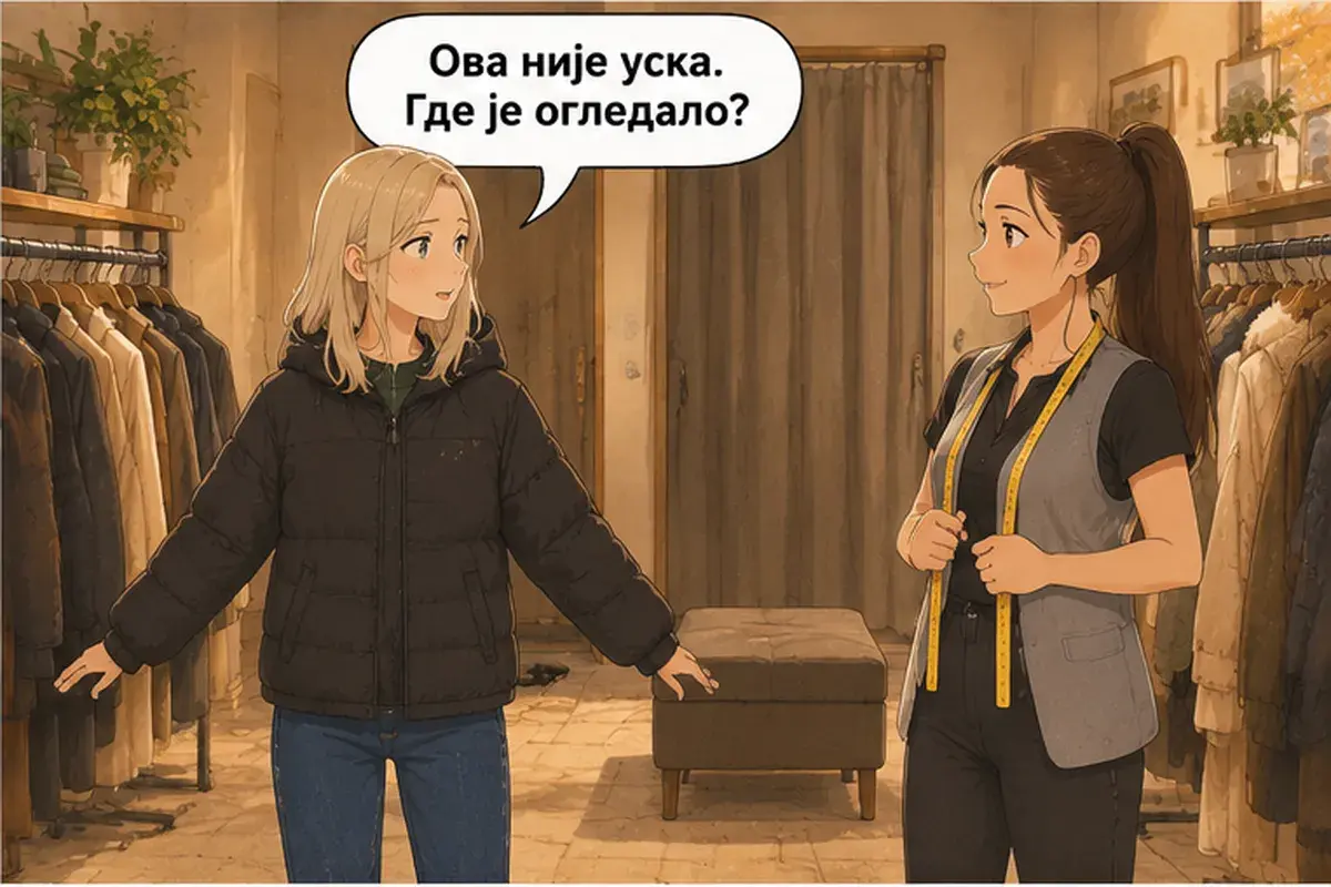 Кадр 8 из 14 к тексту «Можно примерить вон ту чёрную?»: «Эта не узкая. Где зеркало?»
