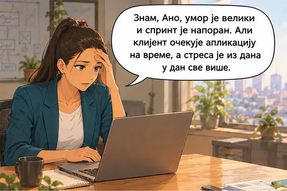 Кадр 6 из 13 к тексту «Я не могу каждый вечер работать до десяти»: «Знаю, Аня, усталость сильная, и спринт изматывающий. Но клиент ждёт приложение вовремя, а стресса день за днём всё больше.»