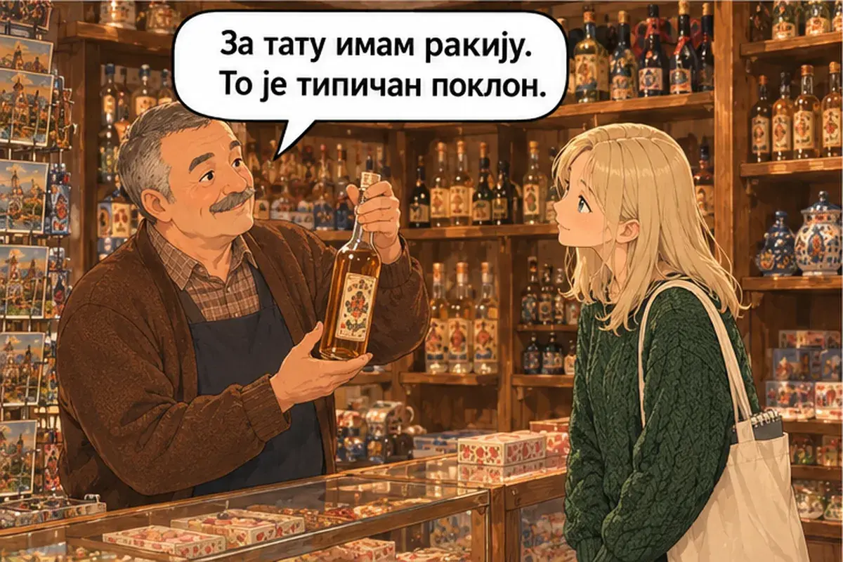 Кадр 11 из 14 к тексту «Я ищу подарки для семьи»: «Для папы есть ракия. Это типичный подарок.»