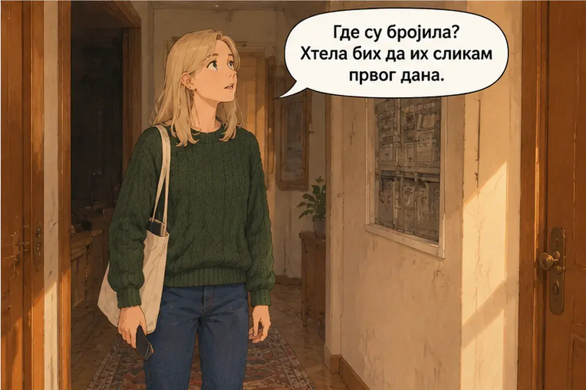 Кадр 12 из 15 к тексту «Электричество вы платите отдельно»: «Где счётчики? Я хотела бы сфотографировать их в первый день.»