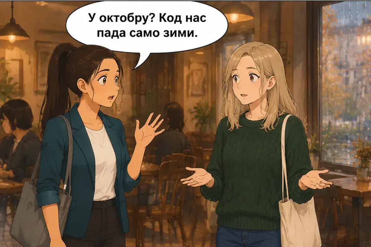 Кадр 7 из 13 к тексту «Какая погода в Екатеринбурге?»: «В октябре? У нас идёт только зимой.»