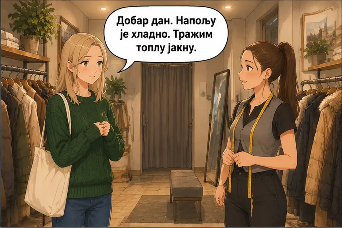 Кадр 2 из 14 к тексту «Можно примерить вон ту чёрную?»: «Добрый день. На улице холодно. Я ищу тёплую куртку.»
