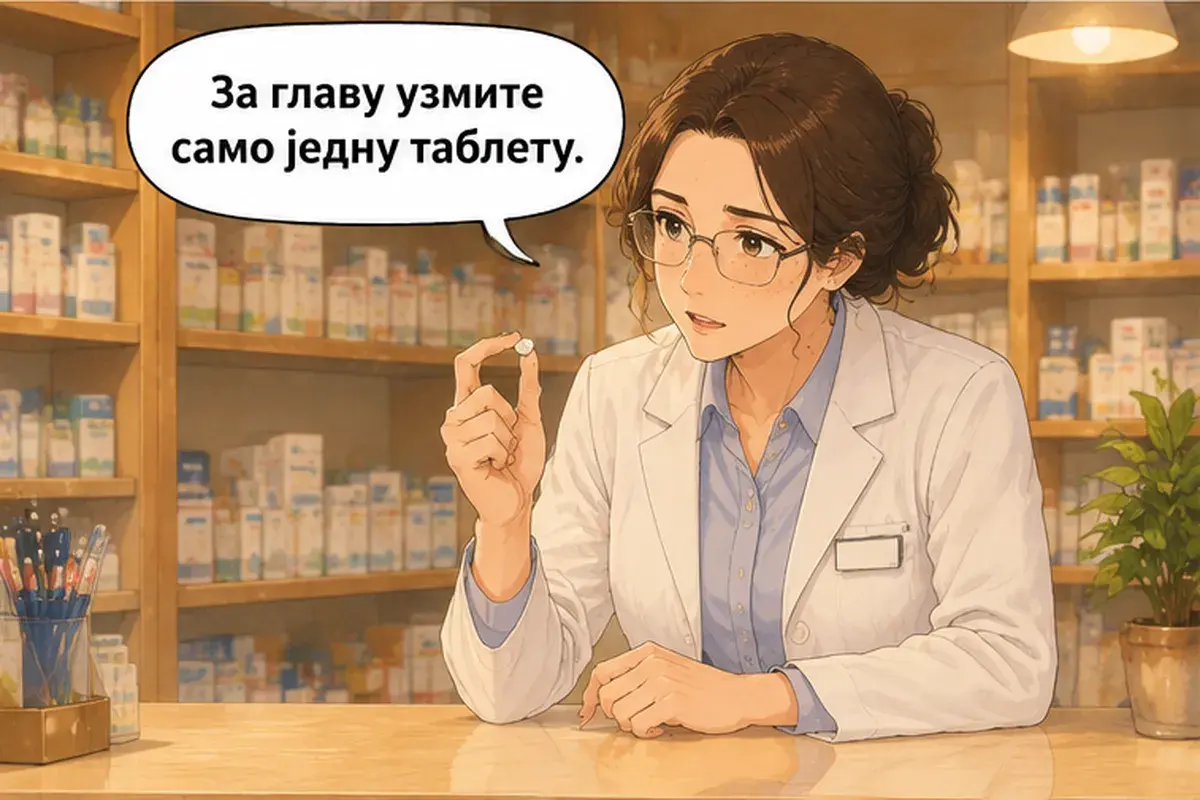 Кадр 11 из 16 к тексту «У меня болит горло»: «От головы примите только одну таблетку.»