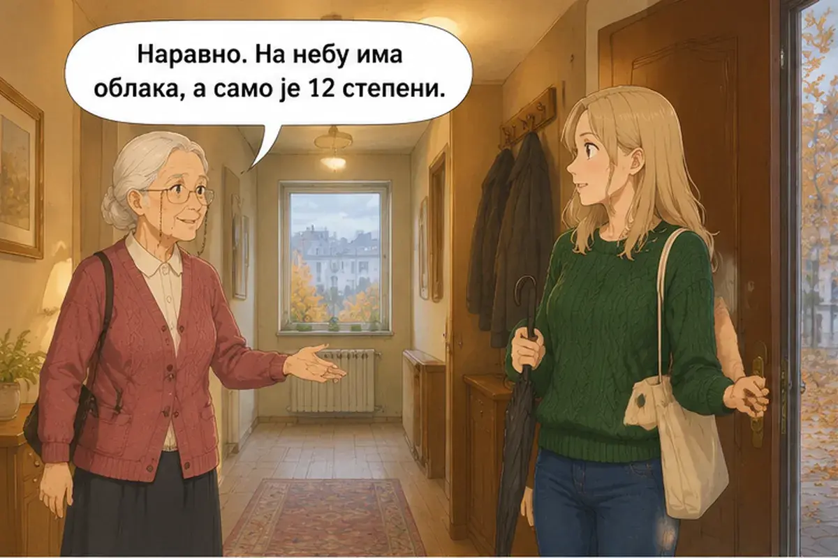 Кадр 5 из 13 к тексту «Возьмите зонт!»: «Конечно. На небе есть облака, а на улице всего 12 градусов.»