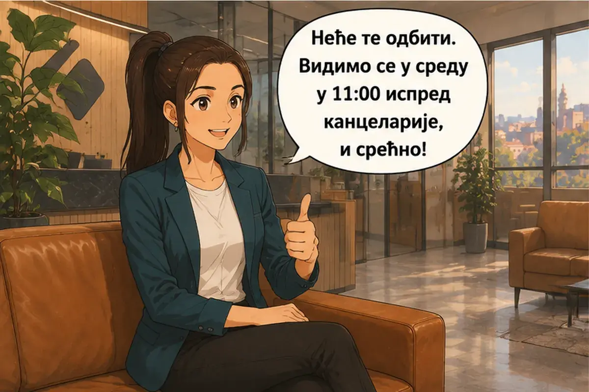 Кадр 7 из 8 к тексту «Пришла бы ты на собеседование?»: «Тебе не откажут. Увидимся в среду в 11:00 перед офисом, и удачи!»