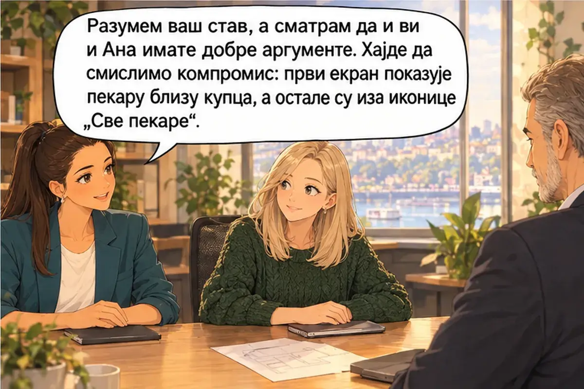 Кадр 8 из 15 к тексту «Покупатель хочет заказать бурек в три шага»: «Я понимаю вашу позицию и считаю, что и у вас, и у Ани хорошие доводы. Давайте придумаем компромисс: первый экран показывает пекарню рядом с…