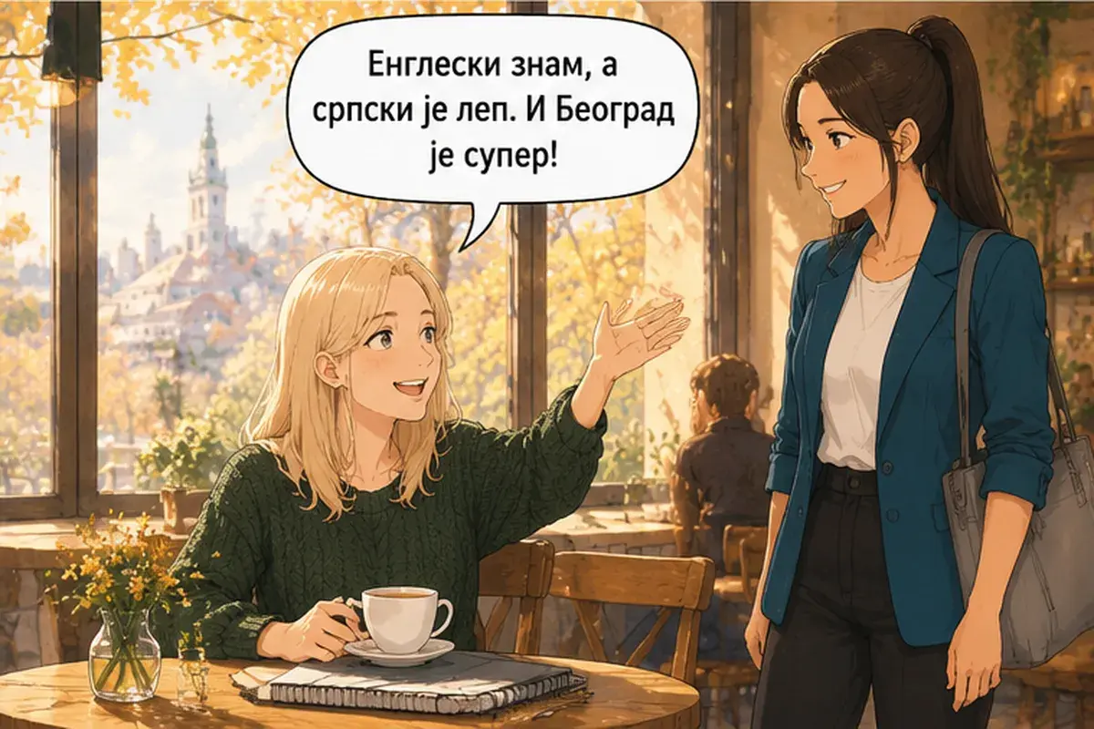 Кадр 8 из 14 к тексту «Извини, это твой дизайн?»: «Английский я знаю, а сербский — красивый. И Белград — супер!»