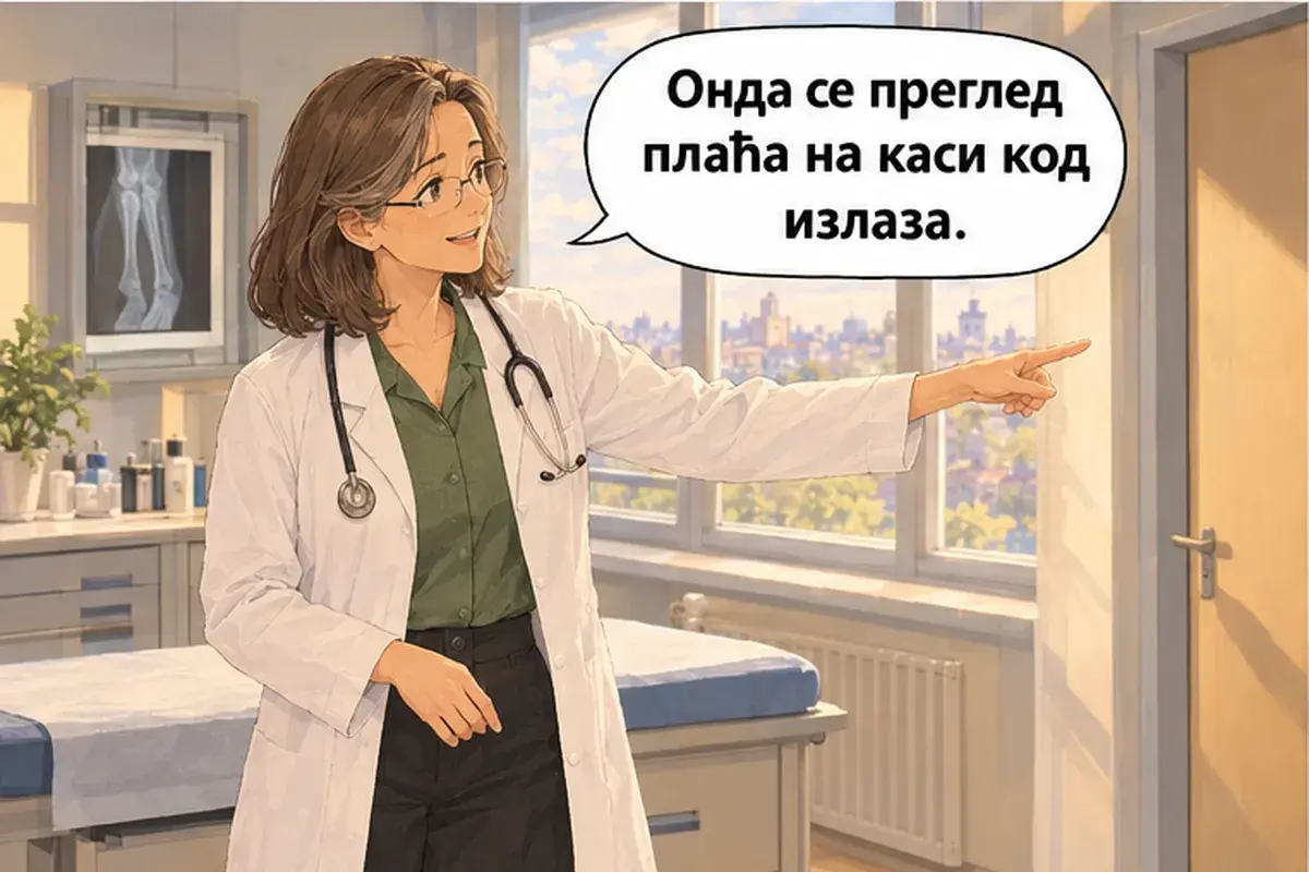 Кадр 15 из 16 к тексту «Я поскользнулась на льду»: «Тогда осмотр оплачивается в кассе у выхода.»