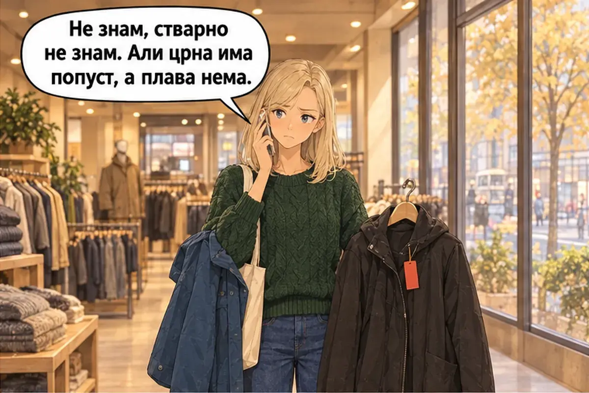 Кадр 6 из 11 к тексту «Синяя или чёрная?»: «Не знаю, правда не знаю. Но у чёрной скидка, а у синей нет.»