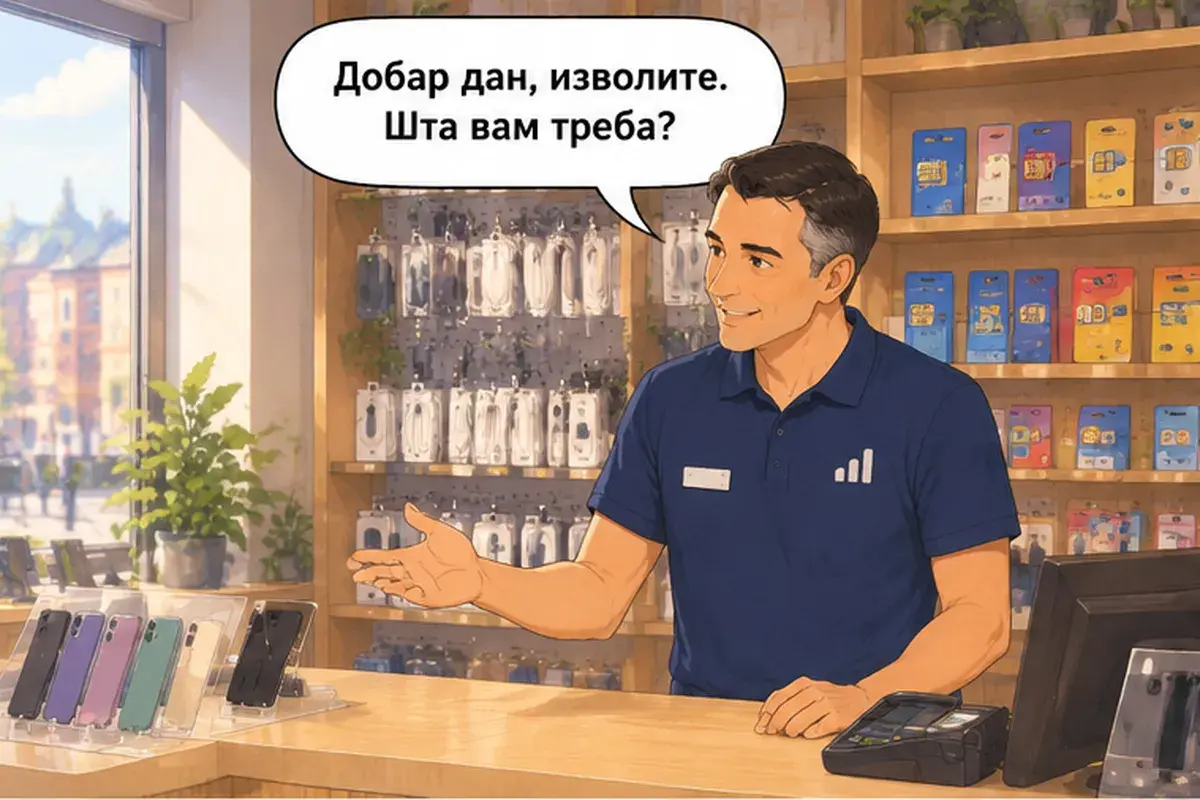 Кадр 1 из 15 к тексту «Мне нужен сербский номер.»: «Добрый день, пожалуйста. Что вам нужно?»