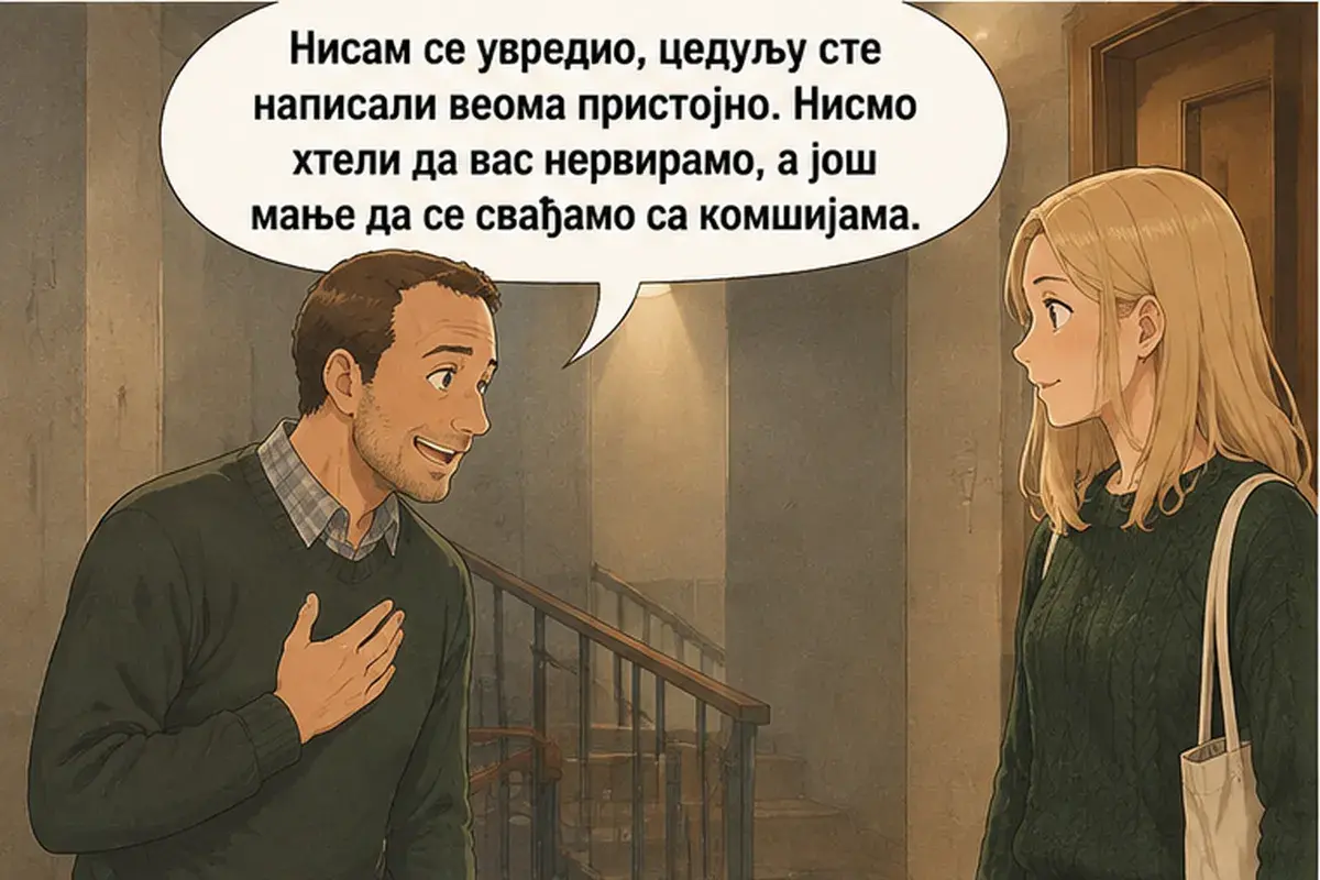 Кадр 7 из 12 к тексту «Дом хороший, только через стены всё слышно»: «Я не обиделся, записку вы написали очень вежливо. Мы не хотели вас раздражать, а тем более ссориться с соседями.»