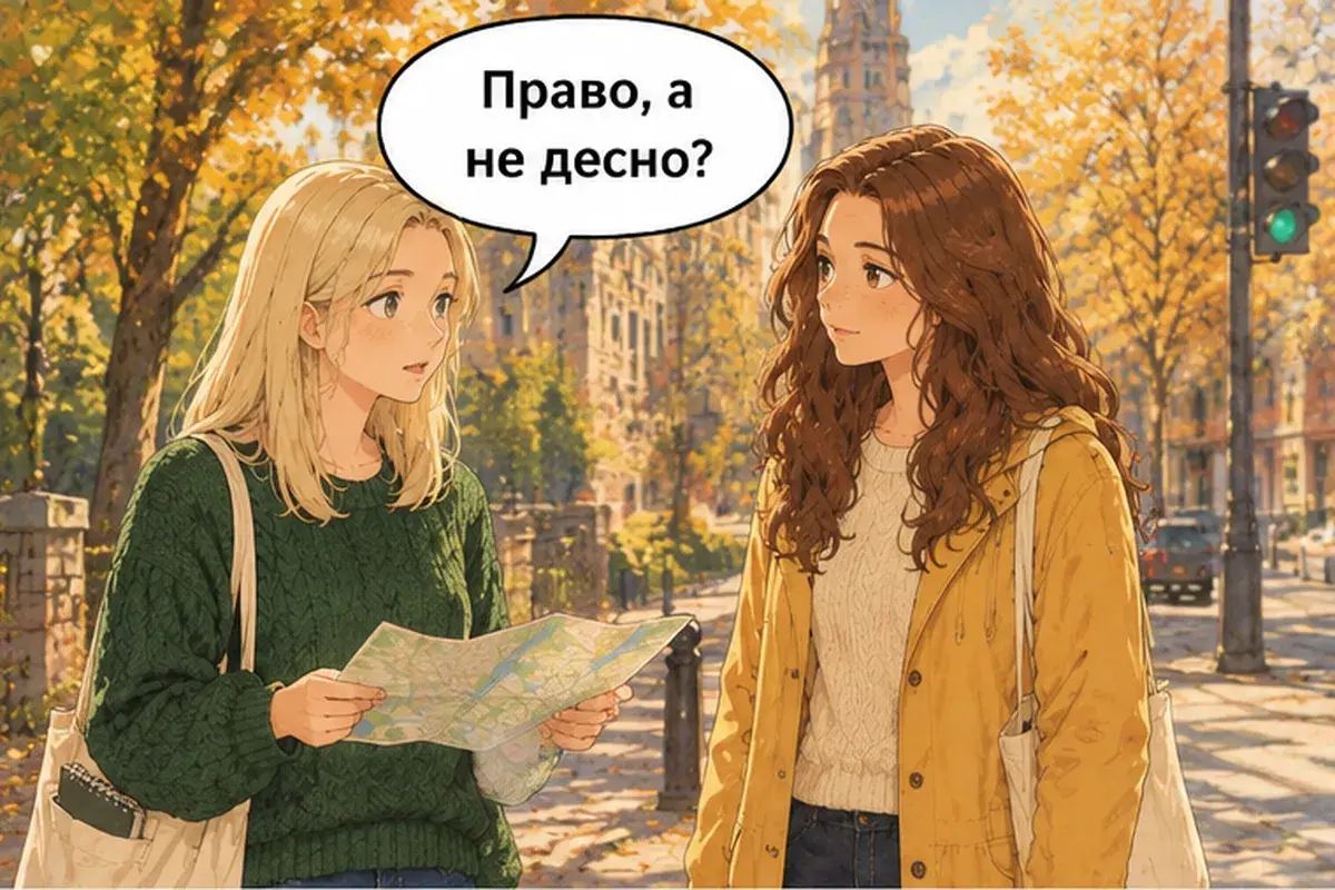 Кадр 5 из 14 к тексту «Идите прямо до светофора»: «Прямо, а не направо?»
