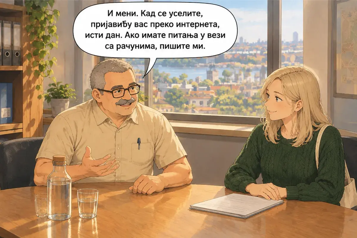 Кадр 14 из 14 к тексту «Будем читать договор пункт за пунктом»: «И мне. Когда вы заселитесь, я зарегистрирую вас через интернет, в тот же день. Если будут вопросы по счетам, пишите мне.»