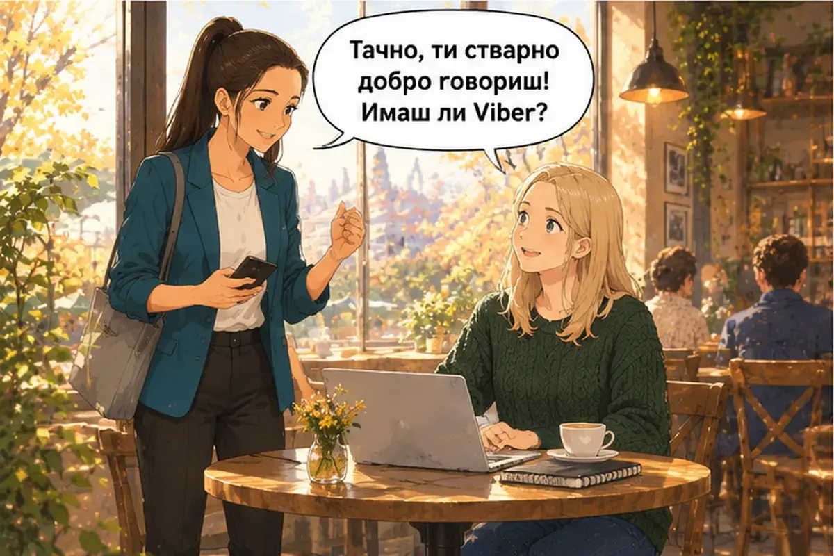 Кадр 11 из 14 к тексту «Извини, это твой дизайн?»: «Верно, ты правда хорошо говоришь! У тебя есть Вайбер?»