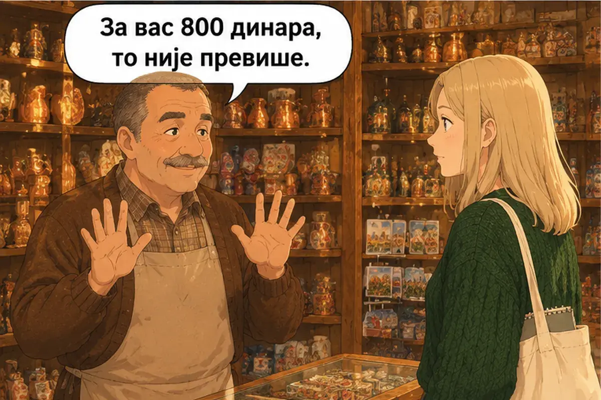 Кадр 7 из 14 к тексту «Я ищу подарки для семьи»: «Для вас 800 динаров. Это не слишком дорого.»