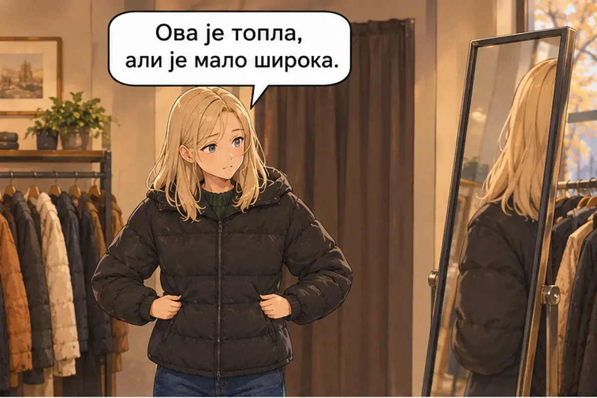 Кадр 6 из 14 к тексту «Можно примерить вон ту чёрную?»: «Эта тёплая, но немного широкая.»