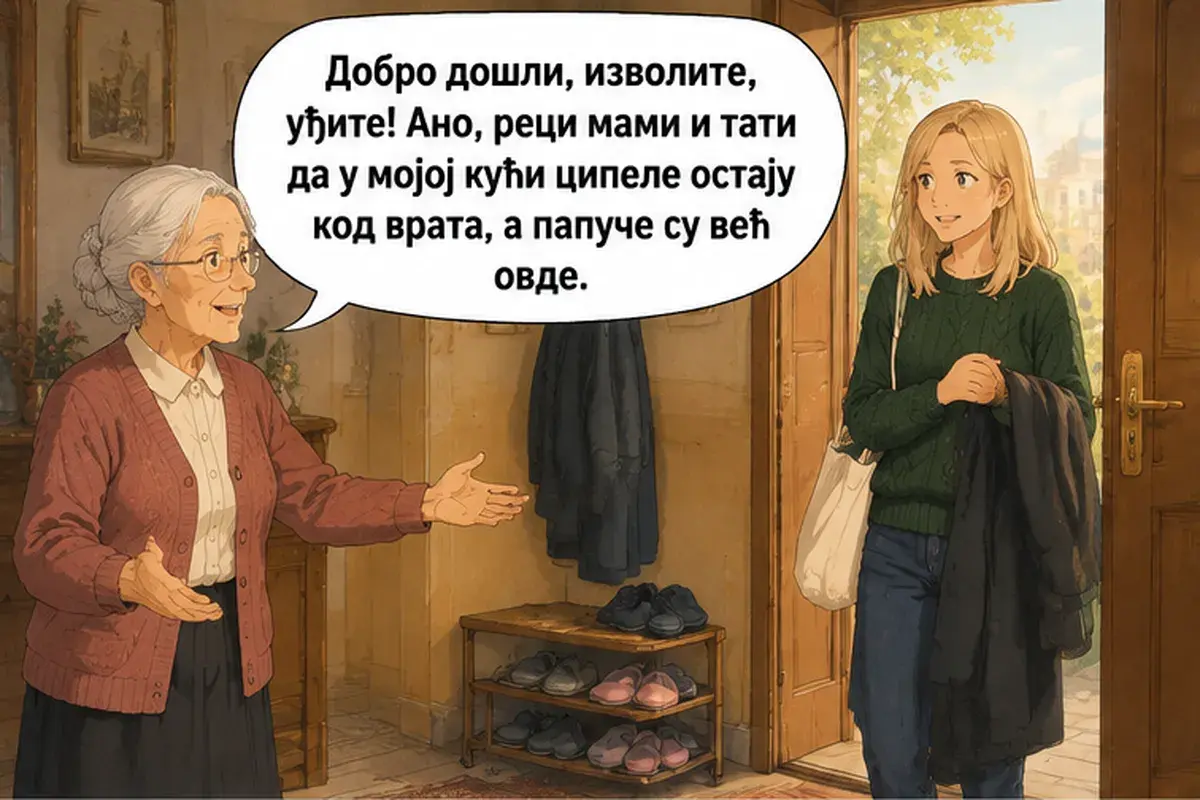 Кадр 1 из 13 к тексту «Скажи маме, что у неё дочь с добрым сердцем»: «Добро пожаловать, проходите, входите! Аня, скажи маме и папе, что в моём доме обувь остаётся у двери, а тапочки уже здесь.»