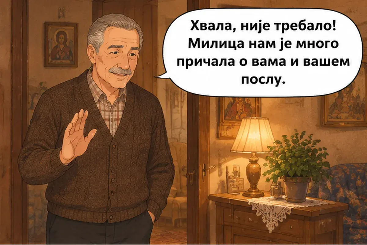 Кадр 6 из 15 к тексту «С праздником славы, хозяин!»: «Спасибо, не стоило! Милица много рассказывала нам о вас и о вашей работе.»