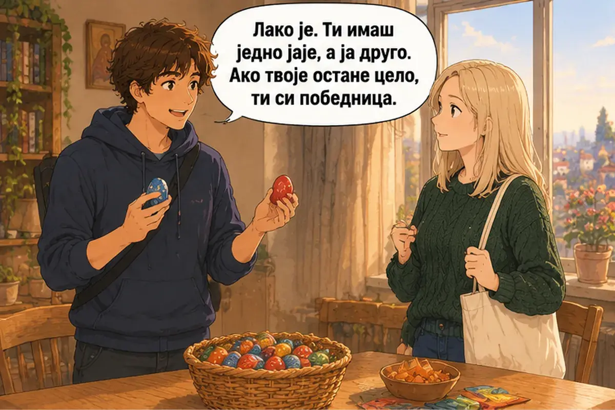 Кадр 6 из 13 к тексту «Чьё это яйцо?»: «Это просто. У тебя одно яйцо, а у меня другое. Если твоё останется целым, ты победительница.»