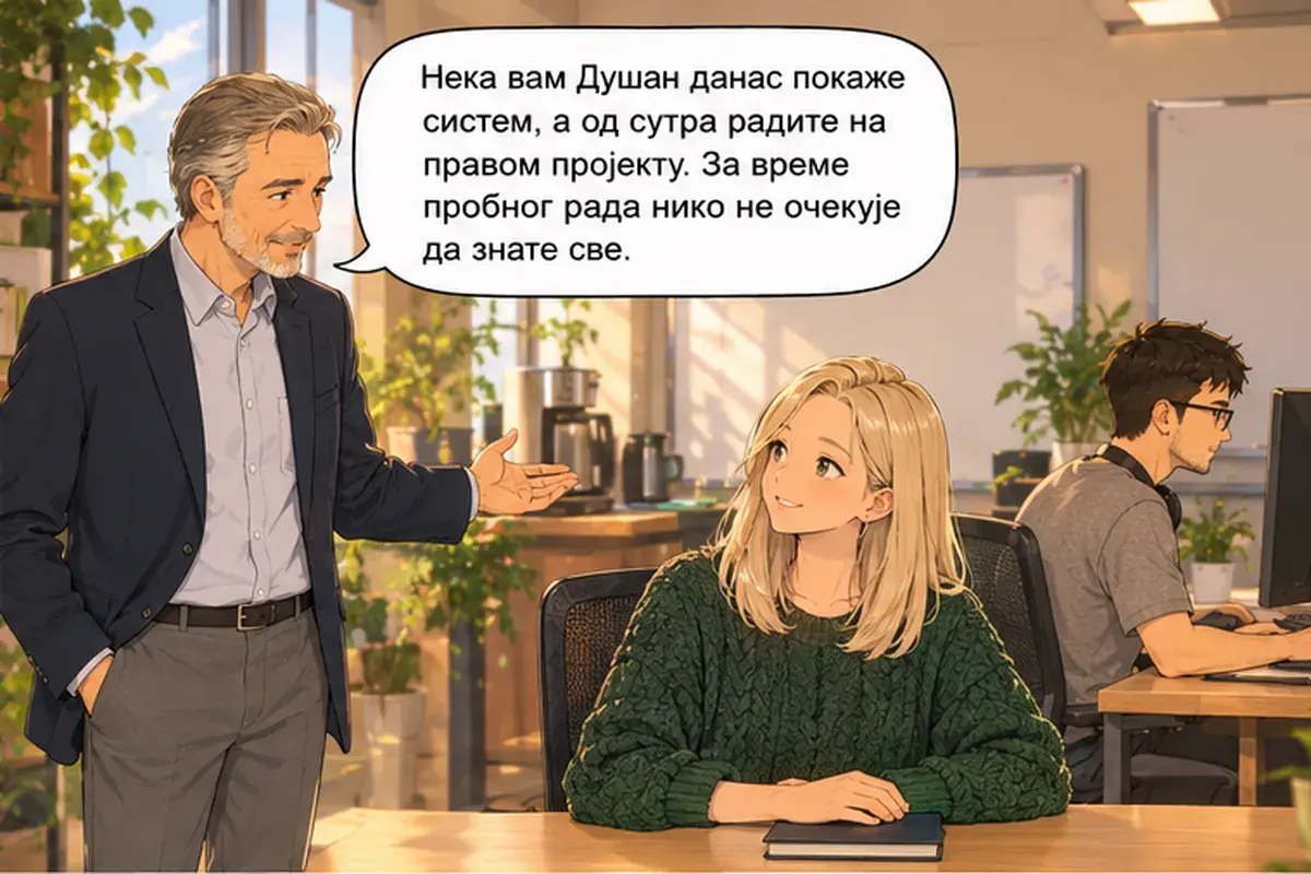 Кадр 6 из 16 к тексту «Пусть Душан покажет вам систему»: «Пусть Душан сегодня покажет вам систему, а завтра вы уже работаете над настоящим проектом. В испытательный срок никто не ждёт, что вы будете знать всё.»