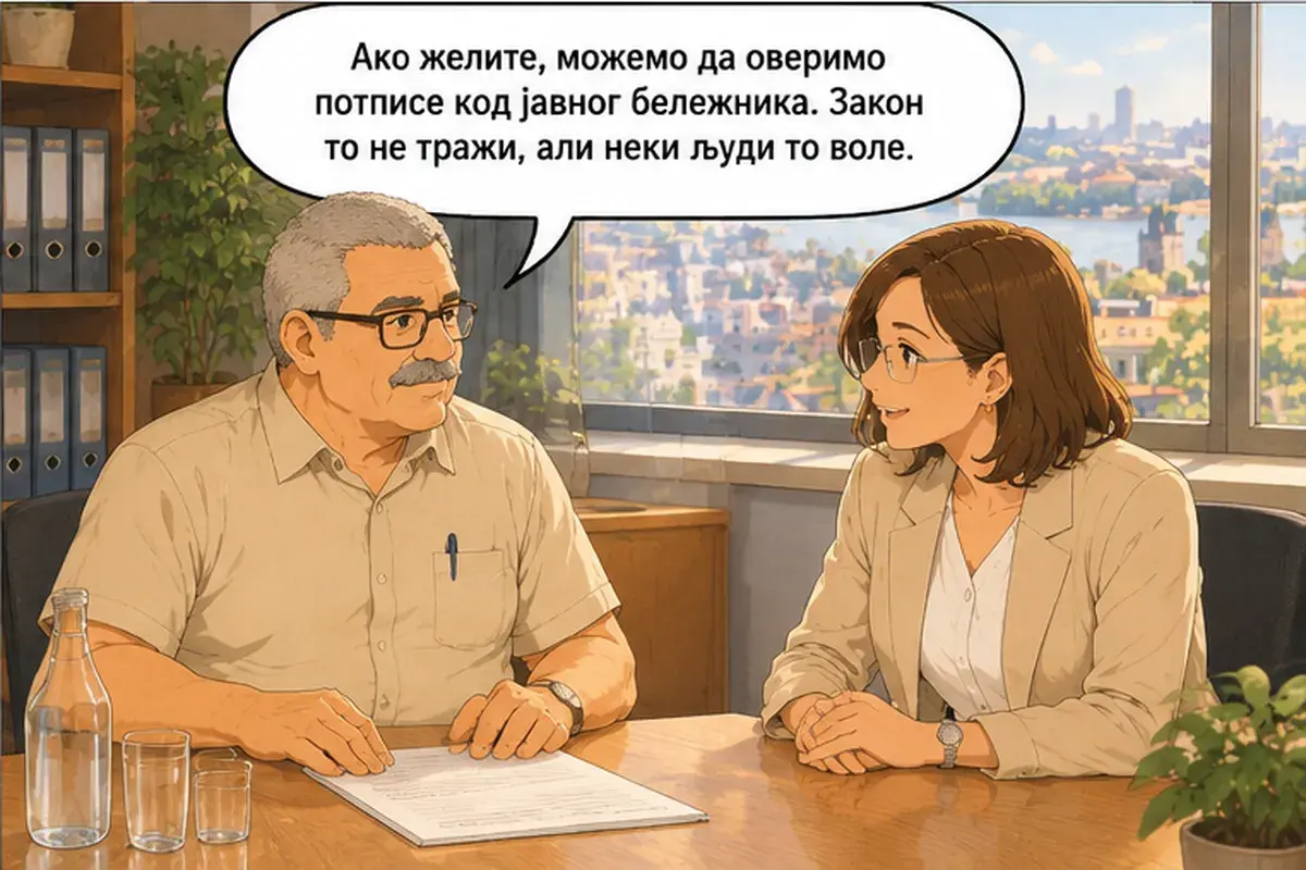 Кадр 12 из 14 к тексту «Будем читать договор пункт за пунктом»: «Если хотите, можем заверить подписи у нотариуса. Закон этого не требует, но некоторые так любят.»