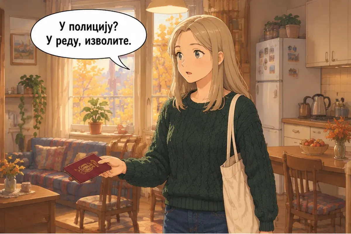 Кадр 10 из 13 к тексту «Проходите, пожалуйста»: «В полицию? Хорошо, пожалуйста.»
