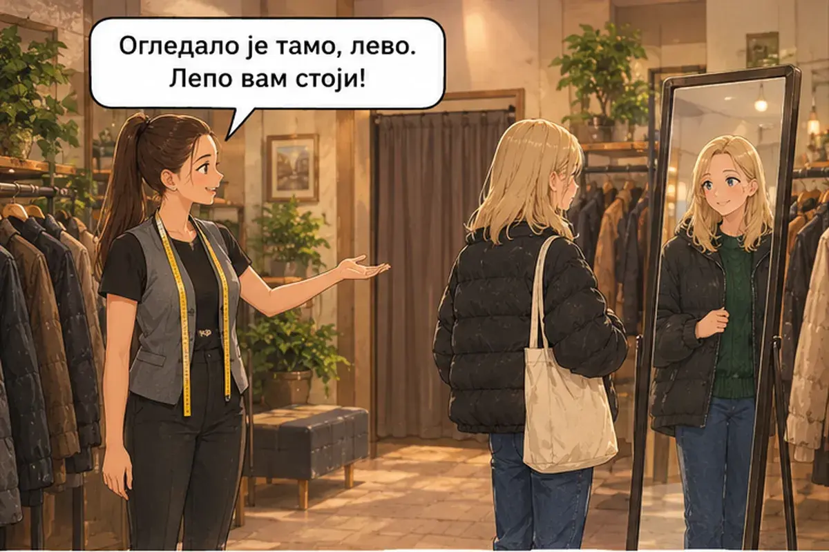 Кадр 9 из 14 к тексту «Можно примерить вон ту чёрную?»: «Зеркало вон там, слева. Вам очень идёт!»
