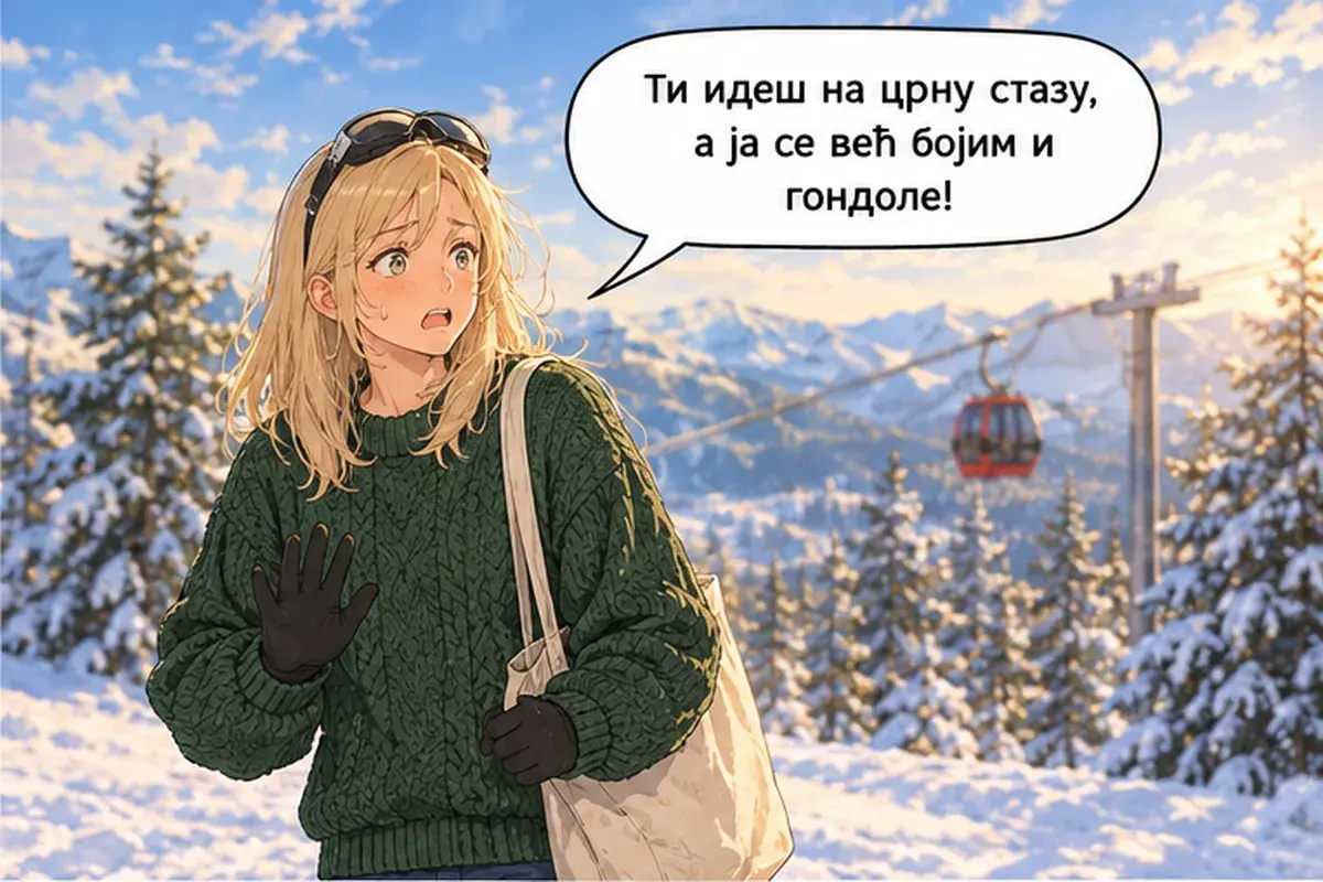 Кадр 6 из 15 к тексту «Не смотри вниз!»: «Ты идёшь на чёрную трассу, а я уже боюсь даже гондолы!»