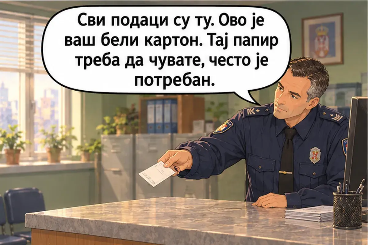 Кадр 15 из 16 к тексту «Я пришла зарегистрировать иностранца»: «Все данные на месте. Вот ваш белый картон. Эту бумагу нужно беречь, она часто бывает нужна.»