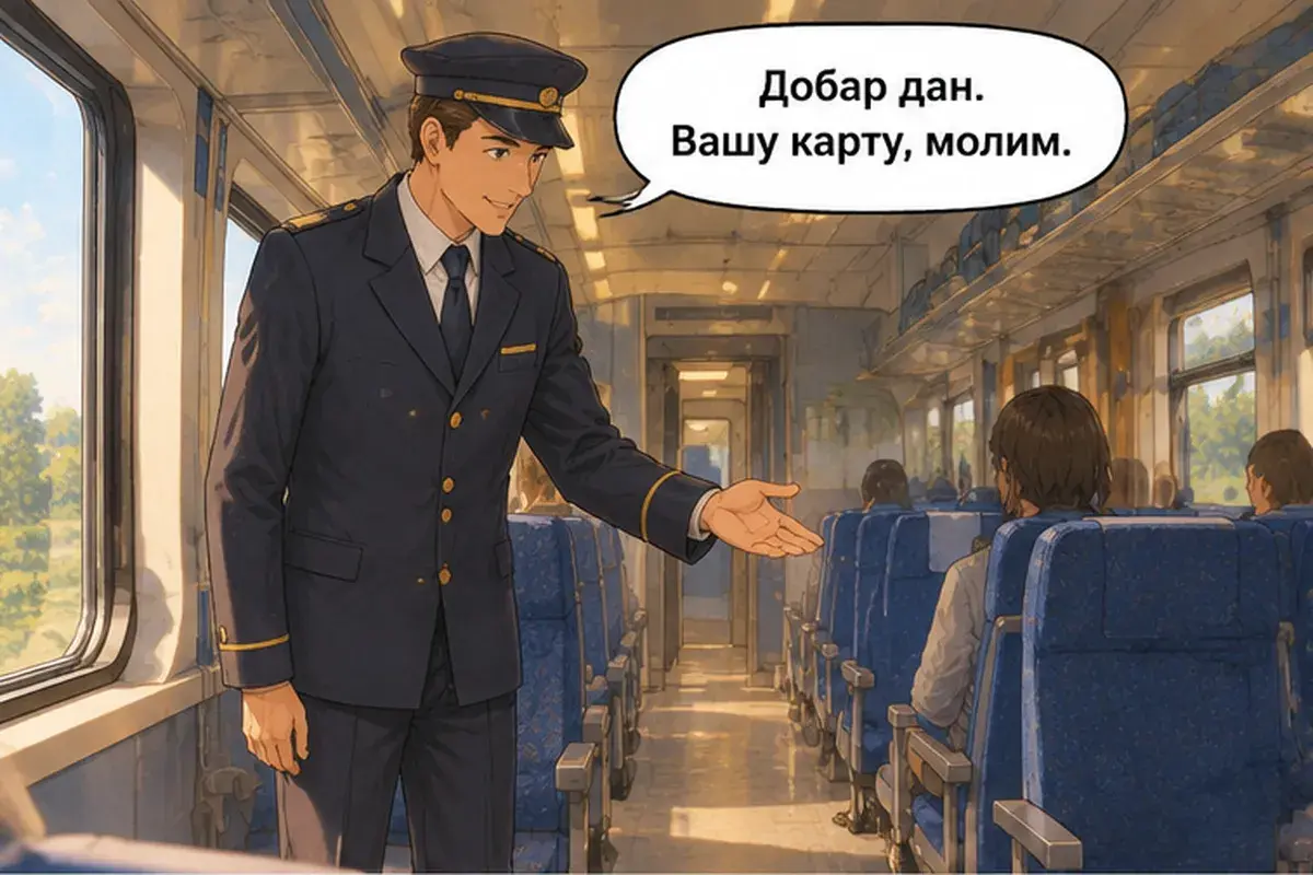 Кадр 1 из 15 к тексту «Когда приеду, где мне тебя ждать?»: «Добрый день. Ваш билет, пожалуйста.»