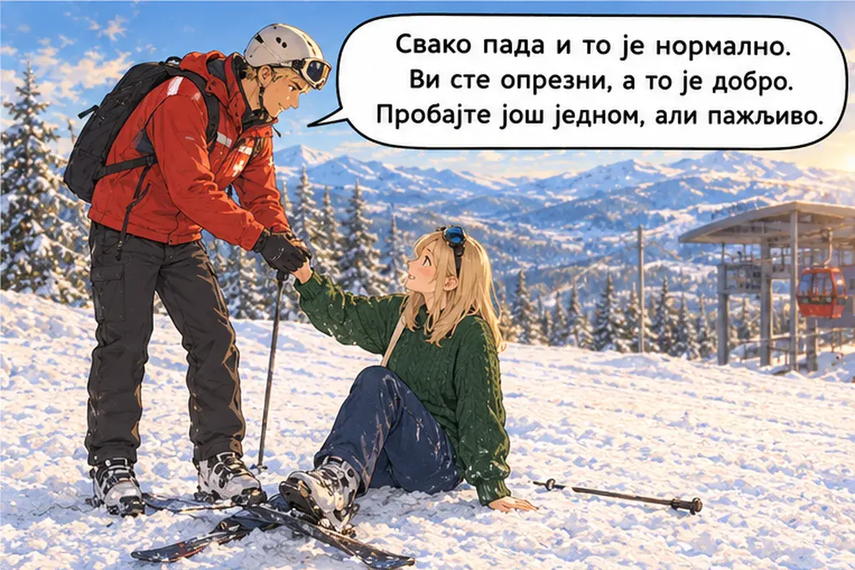 Кадр 12 из 15 к тексту «Не смотри вниз!»: «Каждый падает, это нормально. Вы осторожны, а это хорошо. Попробуйте ещё раз, но аккуратно.»