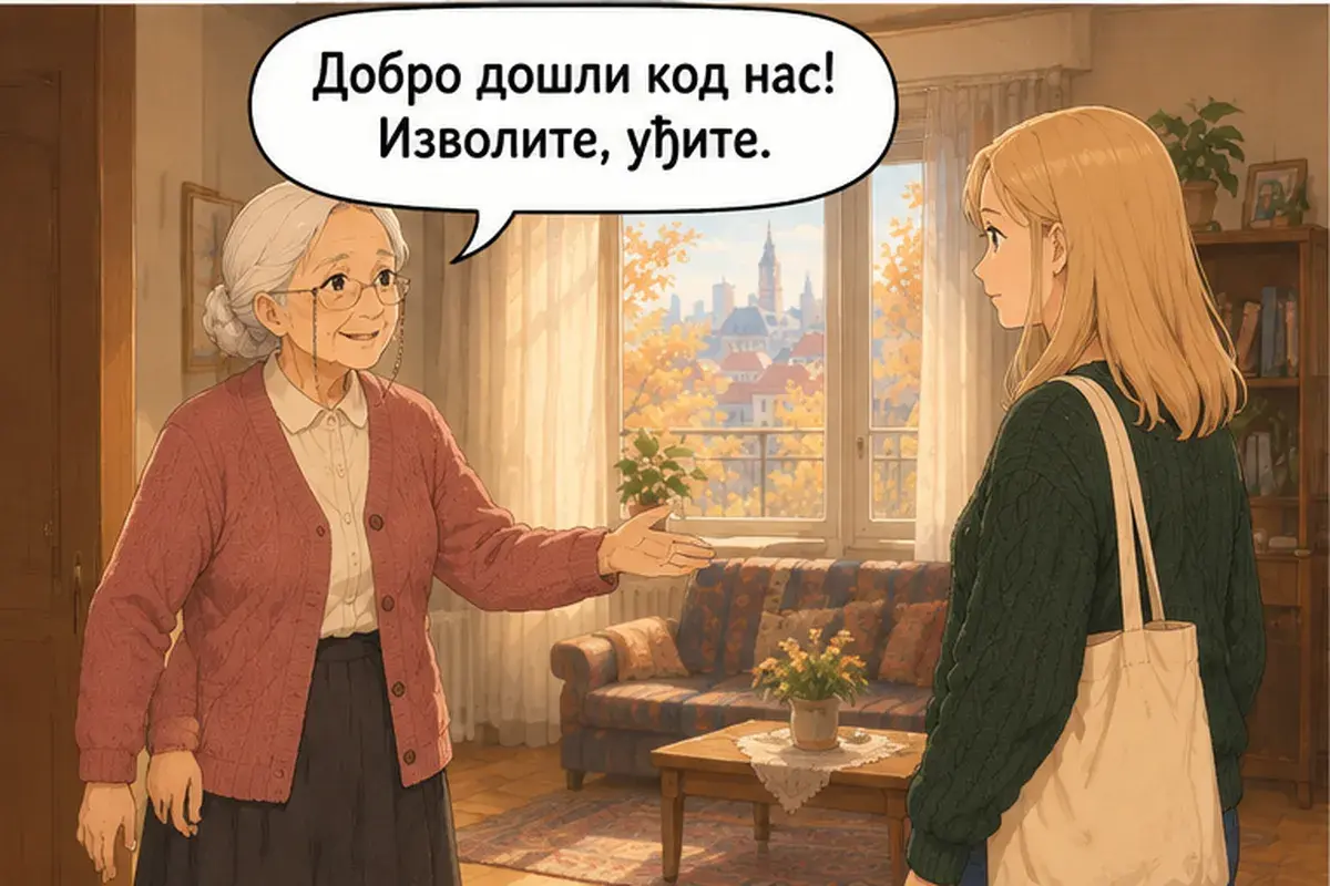 Кадр 3 из 13 к тексту «Проходите, пожалуйста»: «Добро пожаловать к нам! Проходите, пожалуйста.»