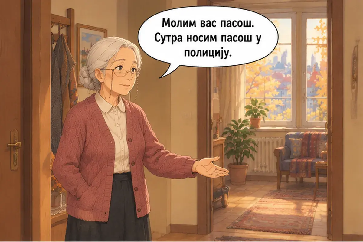 Кадр 9 из 13 к тексту «Проходите, пожалуйста»: «Паспорт, пожалуйста. Завтра отнесу его в полицию.»
