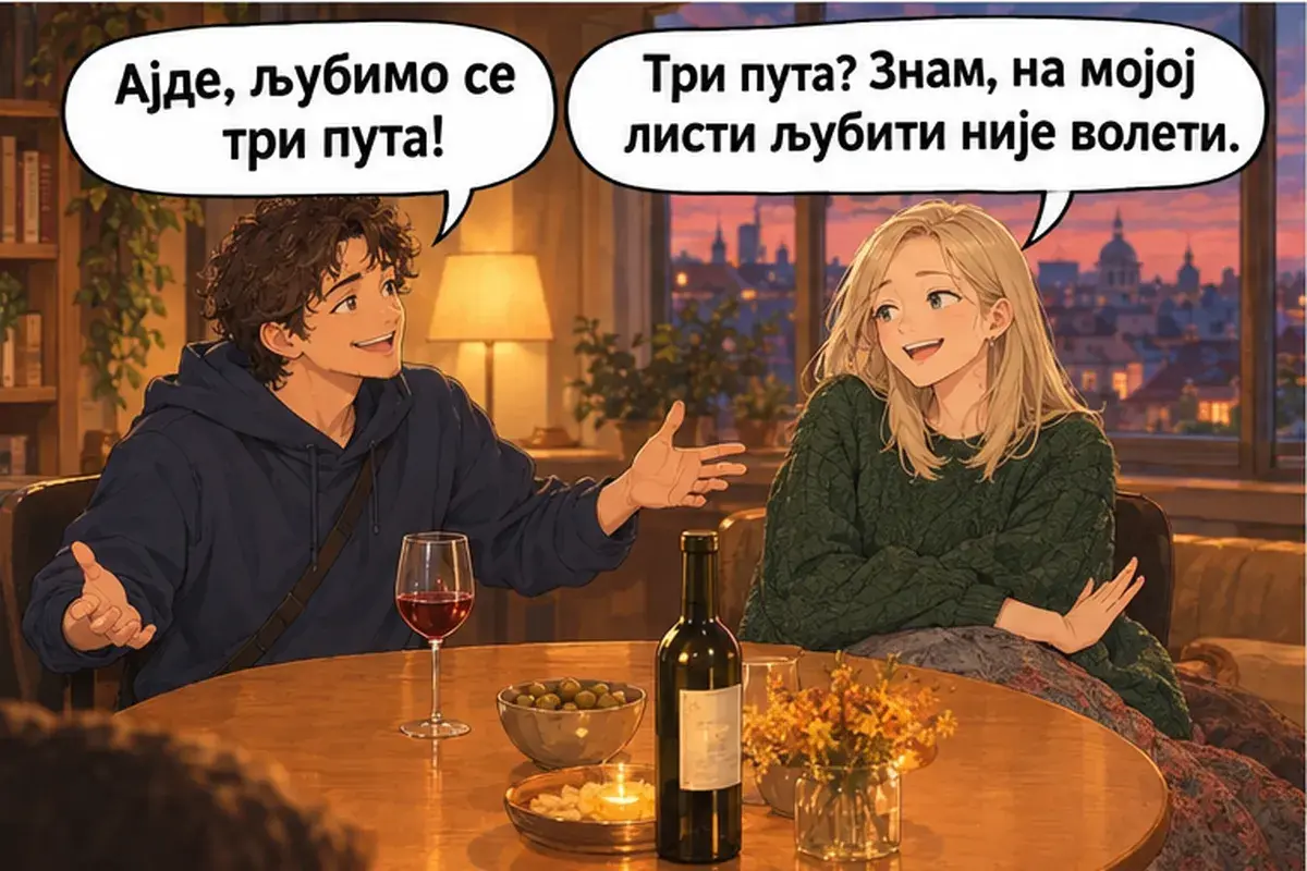 Кадр 7 из 8 к тексту «Когда ты приедешь снова?»: «Давай, поцелуемся три раза!» «Три раза? Знаю, в моём списке «целовать» — это не любить.»