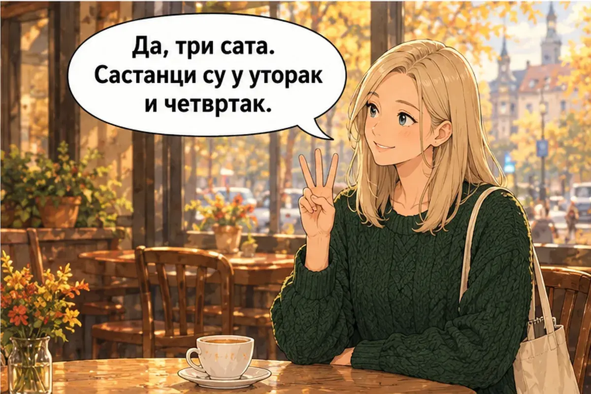 Кадр 4 из 14 к тексту «Когда ты начинаешь работать?»: «Да, три часа. Совещания у меня во вторник и четверг.»