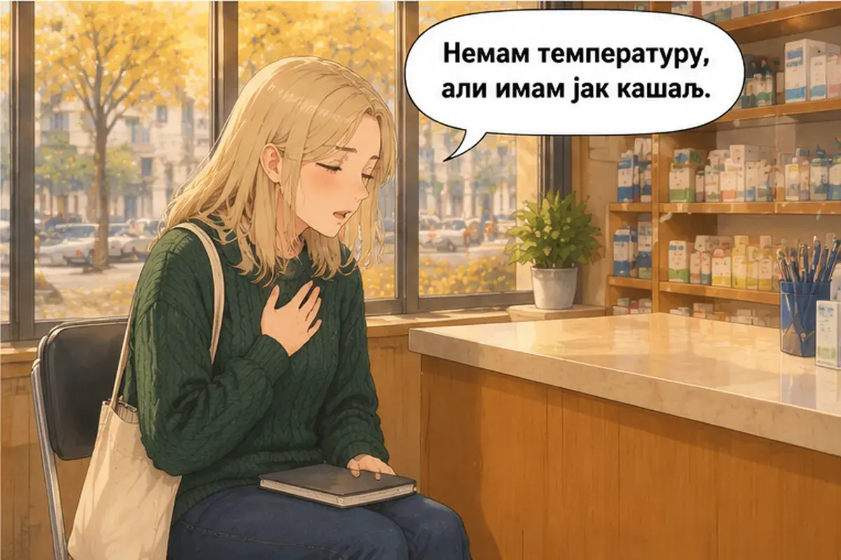Кадр 4 из 16 к тексту «У меня болит горло»: «Температуры нет, но у меня сильный кашель.»