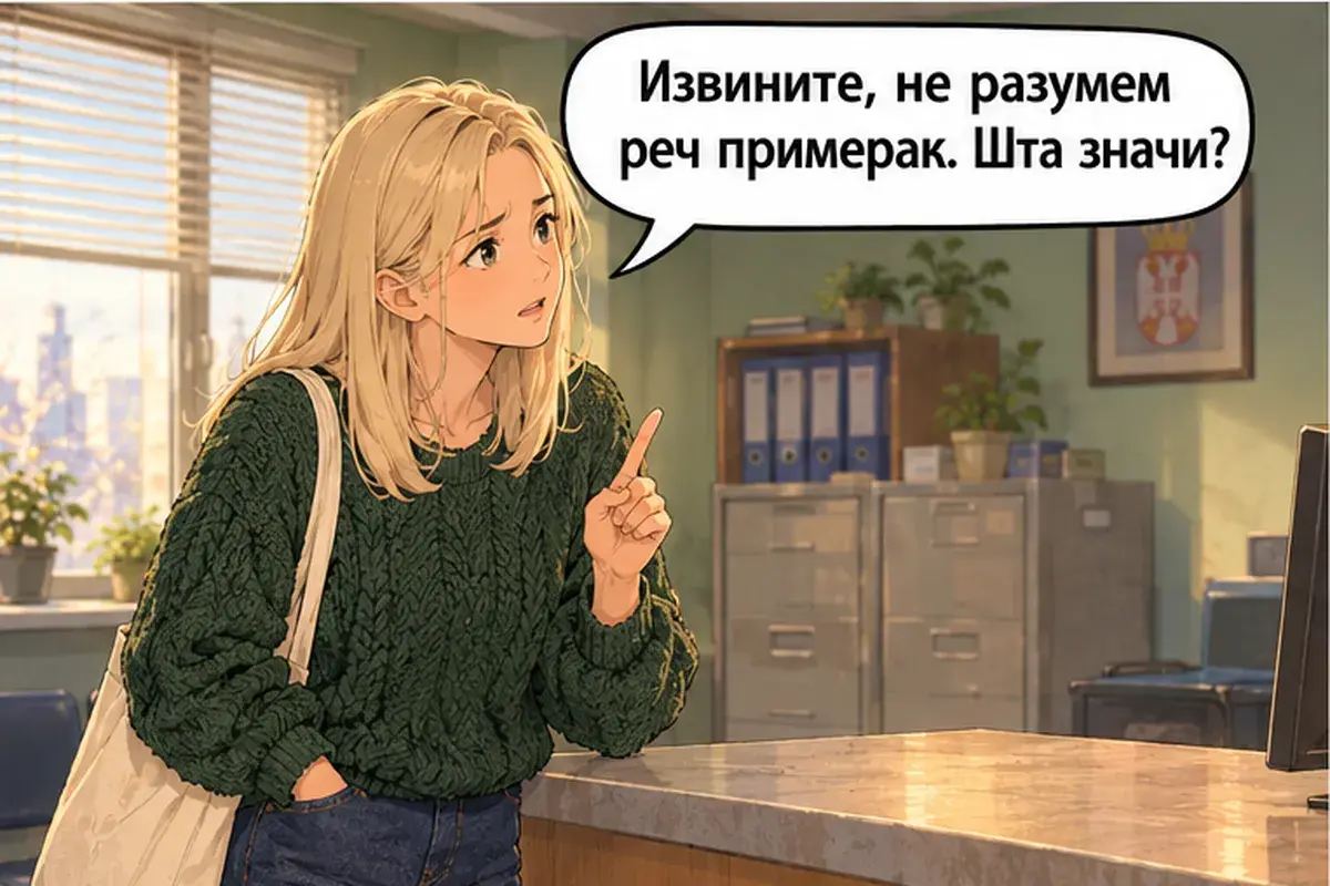 Кадр 11 из 16 к тексту «Я пришла зарегистрировать иностранца»: «Извините, я не понимаю слово «примерак». Что оно значит?»