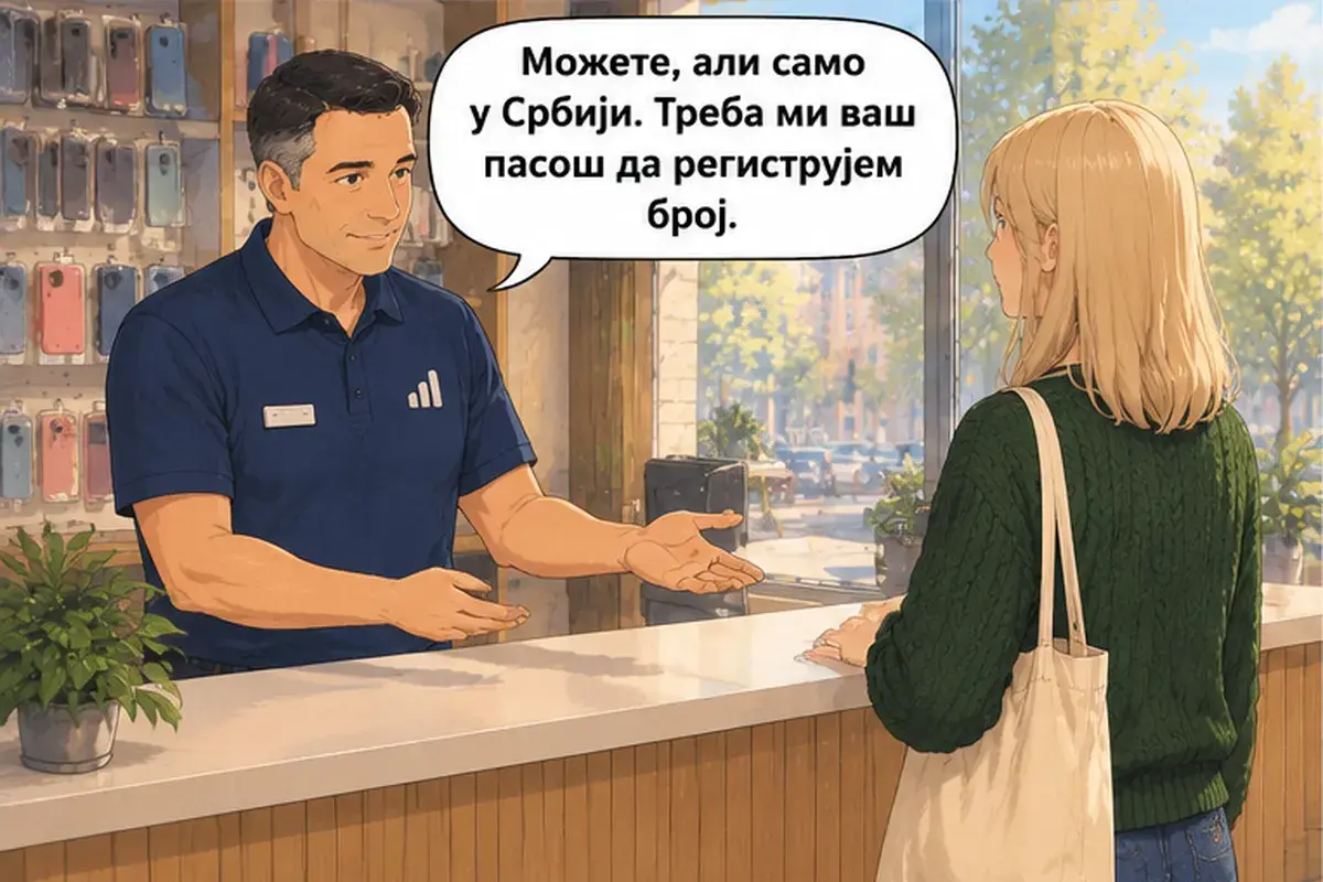 Кадр 7 из 15 к тексту «Мне нужен сербский номер.»: «Можете, но только в Сербии. Мне нужен ваш паспорт, чтобы зарегистрировать номер.»