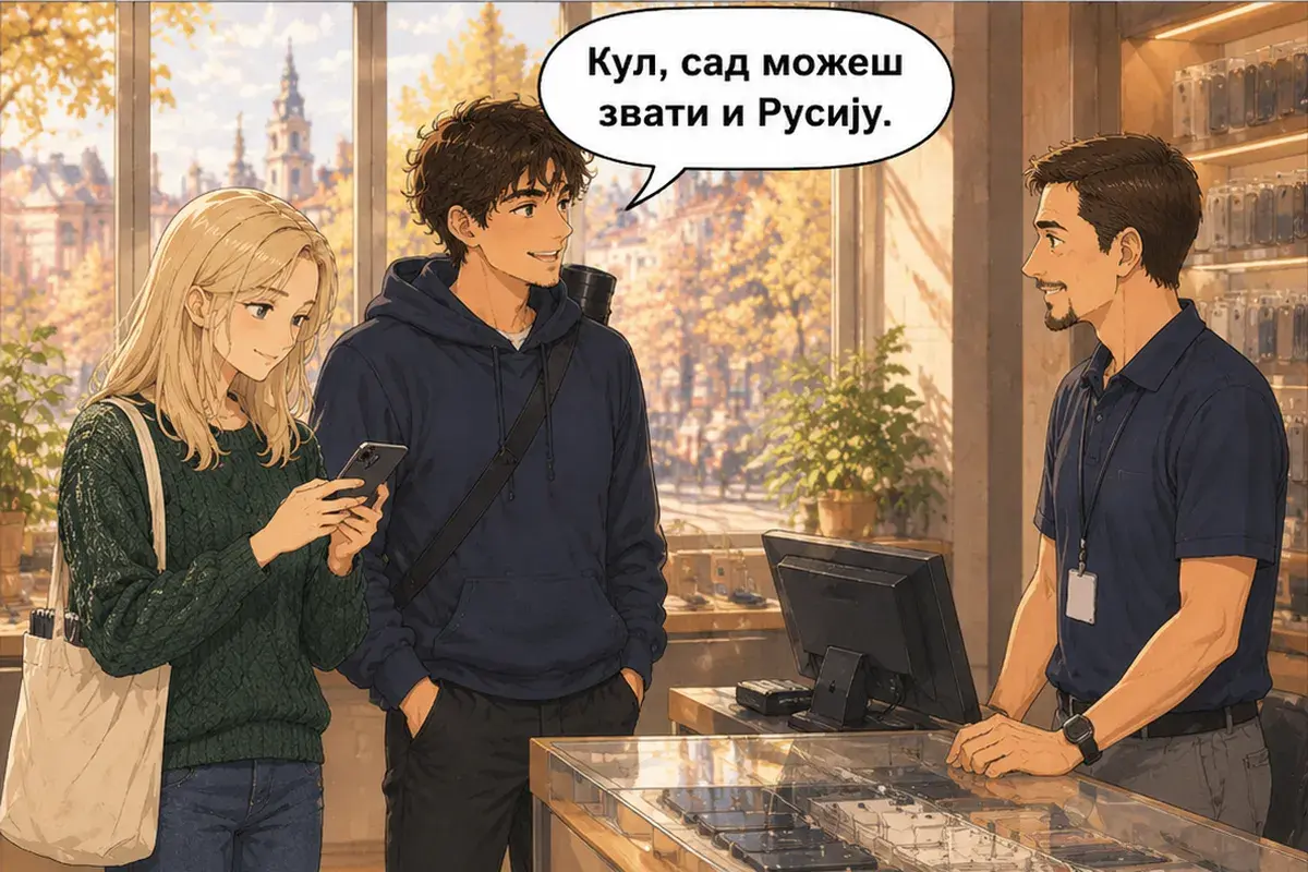 Кадр 14 из 15 к тексту «Мне нужна сим-карта.»: «Круто, теперь можешь позвонить и в Россию.»