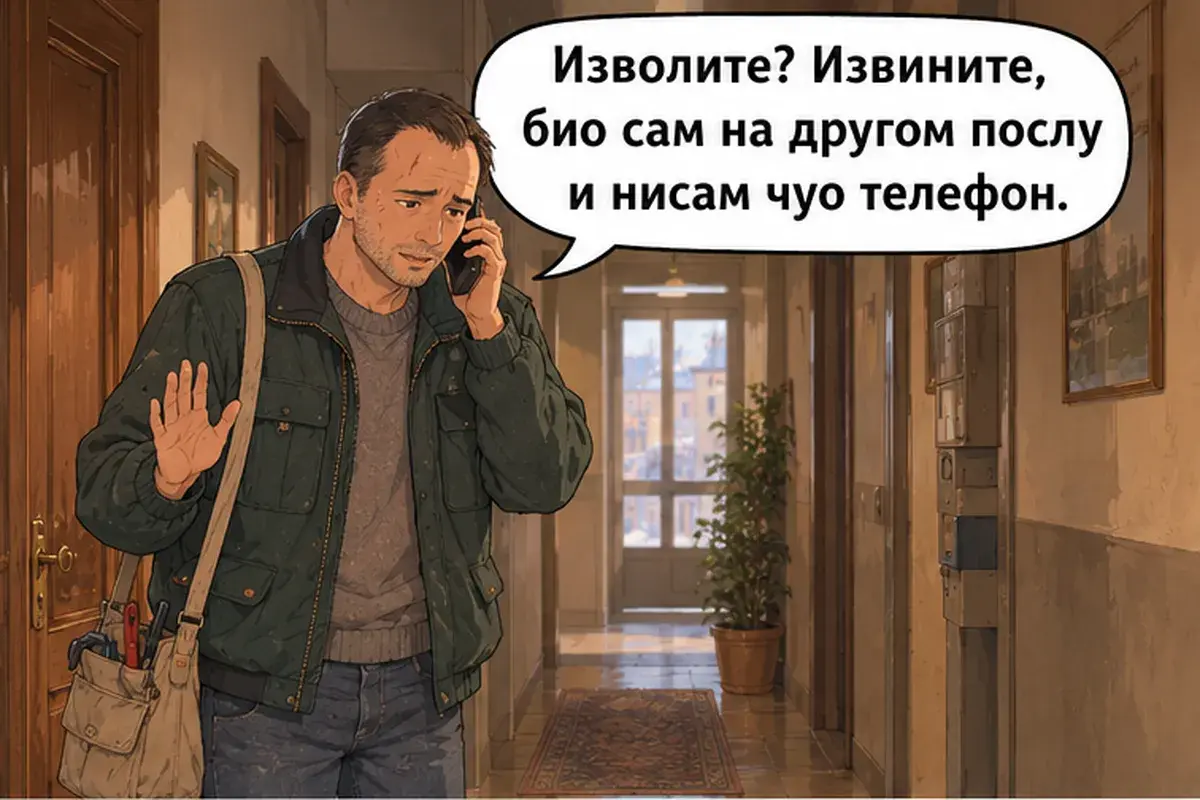Кадр 9 из 15 к тексту «Никто не отвечает»: «Слушаю вас? Извините, я был на другой работе и не слышал телефон.»