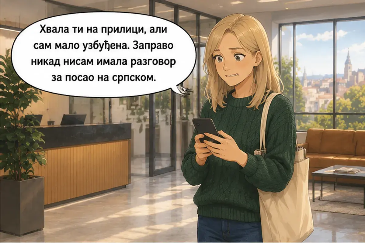 Кадр 2 из 8 к тексту «Пришла бы ты на собеседование?»: «Спасибо тебе за возможность, но я немного волнуюсь. Вообще-то я ни разу не проходила собеседование на сербском.»