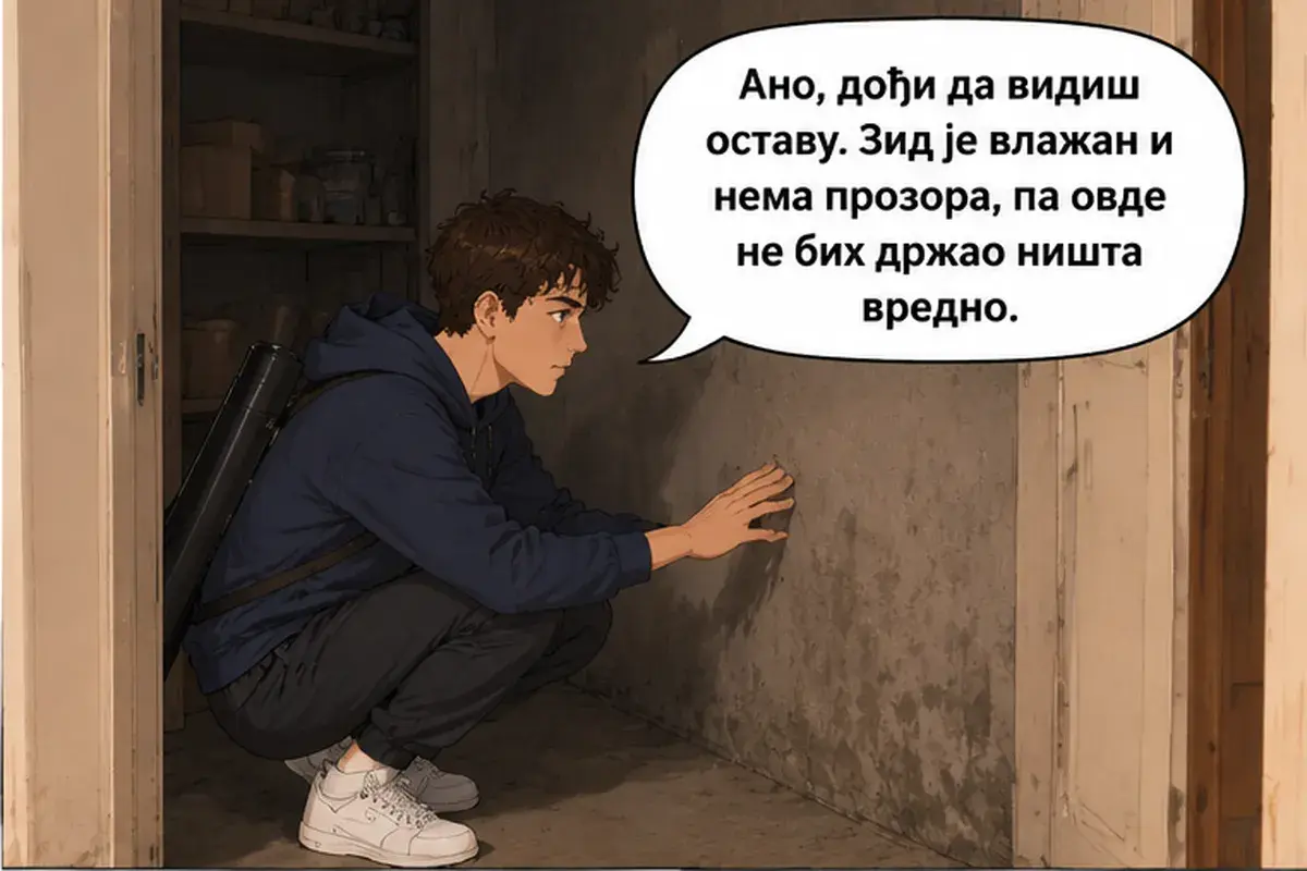 Кадр 6 из 15 к тексту «Электричество вы платите отдельно»: «Аня, иди посмотри кладовку. Стена сырая, и окна нет, так что я бы здесь ничего ценного не держал.»