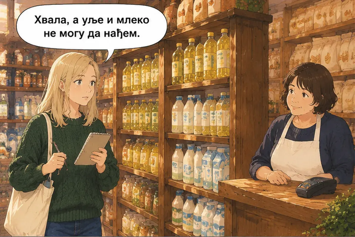 Кадр 5 из 14 к тексту «Подскажите, где касса?»: «Спасибо, а масло и молоко я найти не могу.»
