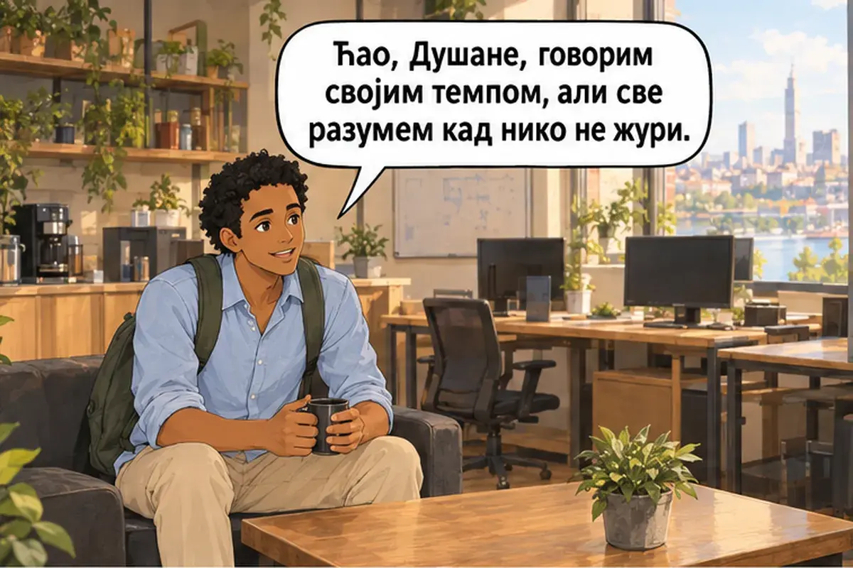 Кадр 13 из 16 к тексту «В команде мы все на «ты»»: «Привет, Душан, я говорю в своём темпе, но всё понимаю, когда никто не торопится.»